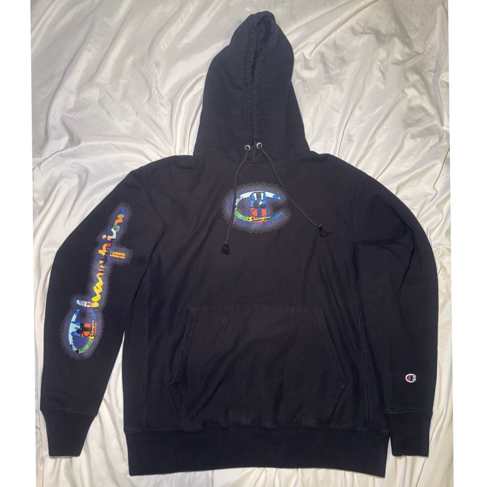 Champion Reverse Weave Hoodie Mens Large Black Multi Logo Graphic Streetwear L